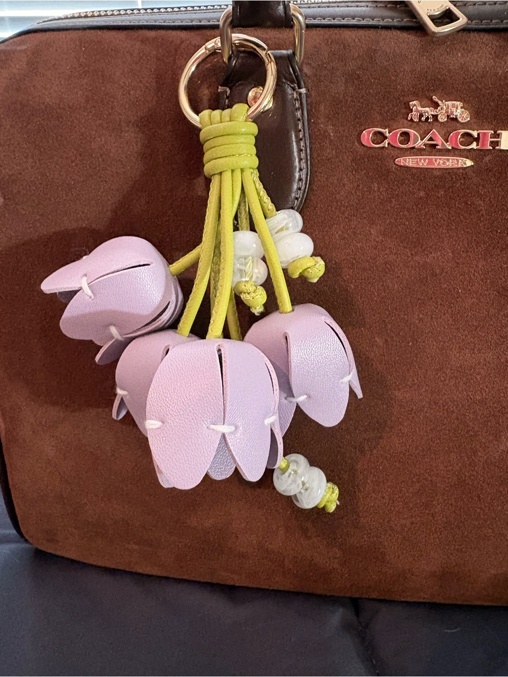 Lilac  Flower Bag Charm with Chartreuse Cords